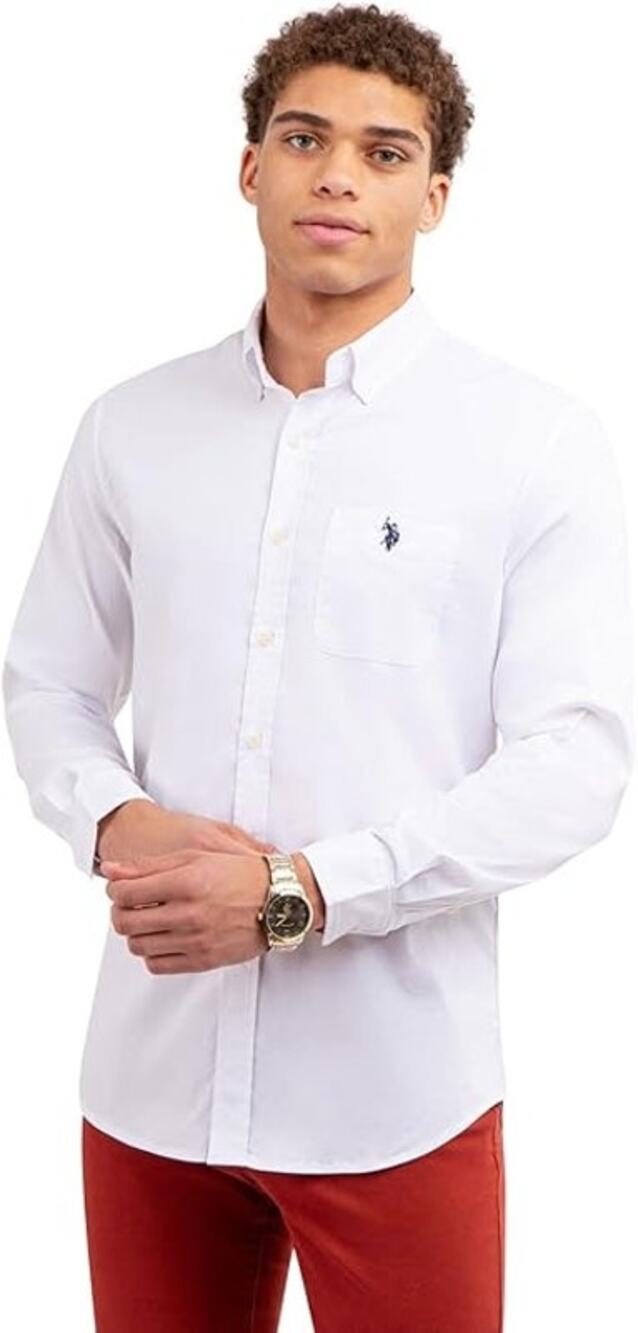 U.S. Polo Assn. Mens S Optic White Solid Stretch Poplin Long Sleeve Shirt V4-14